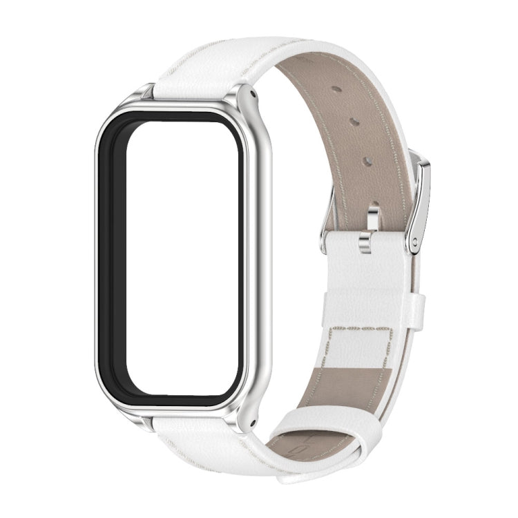 For Xiaomi Smart Band 8 Active / Redmi Band 2 Mijobs Metal Shell Genuine Leather Watch Band(White Silver) - free shipping - PMC TechLife - Order now!