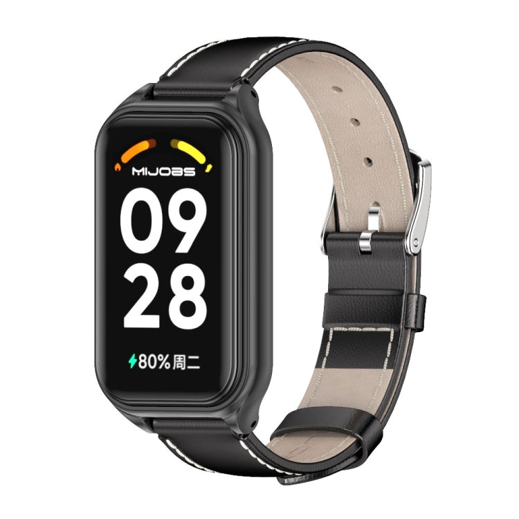 For Xiaomi Smart Band 8 Active / Redmi Band 2 Mijobs Metal Shell Genuine Leather Watch Band(Black) - Watch Bands by MIJOBS | Online Shopping South Africa | PMC Jewellery | Buy Now Pay Later Mobicred