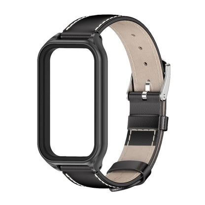 For Xiaomi Smart Band 8 Active / Redmi Band 2 Mijobs Metal Shell Genuine Leather Watch Band(Black) - Watch Bands by MIJOBS | Online Shopping South Africa | PMC Jewellery | Buy Now Pay Later Mobicred