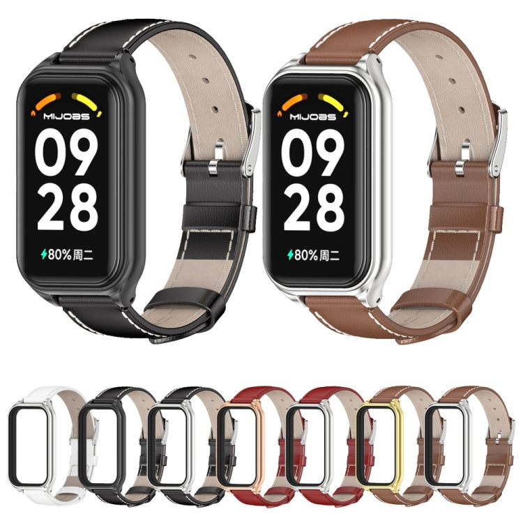 For Xiaomi Smart Band 8 Active / Redmi Band 2 Mijobs Metal Shell Genuine Leather Watch Band(White Silver) - free shipping - PMC TechLife - Order now!