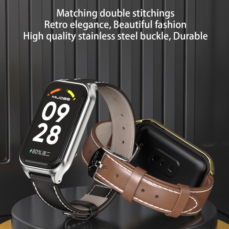 For Xiaomi Smart Band 8 Active / Redmi Band 2 Mijobs Metal Shell Genuine Leather Watch Band(Black) - Watch Bands by MIJOBS | Online Shopping South Africa | PMC Jewellery | Buy Now Pay Later Mobicred