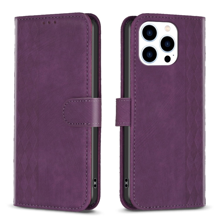 For iPhone 13 Pro Plaid Embossed Leather Phone Case(Purple) - free shipping - PMC TechLife - Order now!