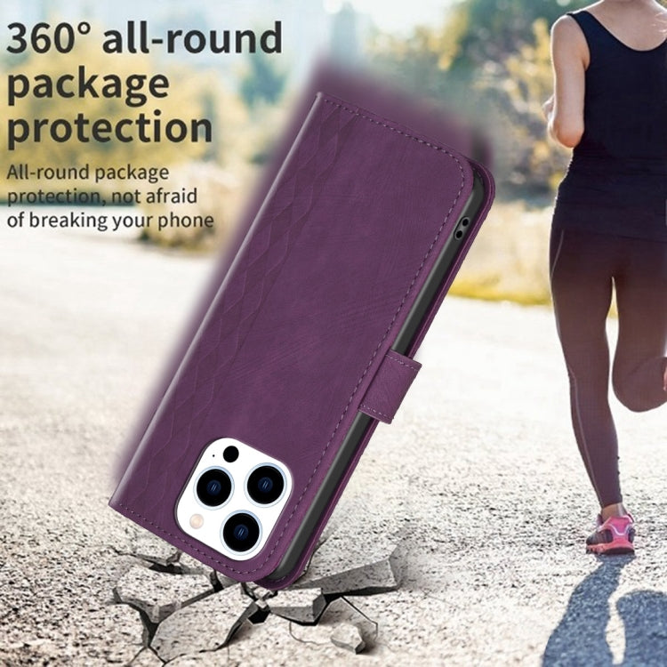 For iPhone 13 Pro Max Plaid Embossed Leather Phone Case(Purple) - free shipping - PMC TechLife - Order now!