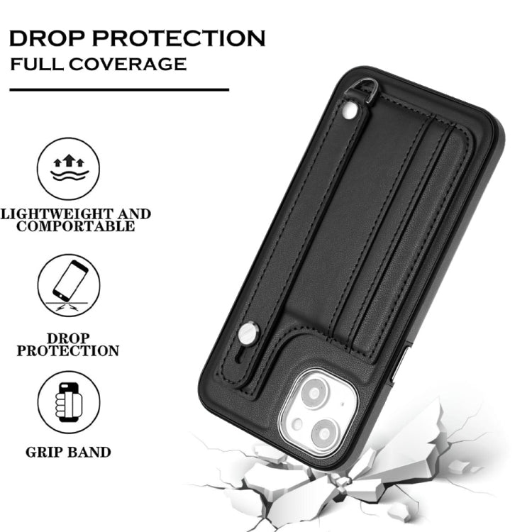 For iPhone 14 Plus Shockproof Leather Phone Case with Wrist Strap(Black) - free shipping - PMC TechLife - Order now!