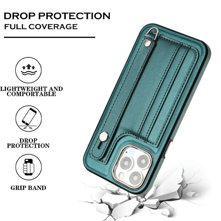 For iPhone 14 Pro Shockproof Leather Phone Case with Wrist Strap(Green) - iPhone 14 Pro Cases by PMC Jewellery | Online Shopping South Africa | PMC Jewellery