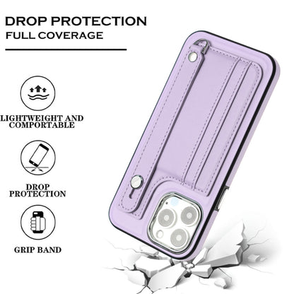 For iPhone 14 Pro Max Shockproof Leather Phone Case with Wrist Strap(Purple) - iPhone 14 Pro Max Cases by PMC Jewellery | Online Shopping South Africa | PMC Jewellery