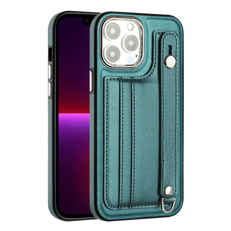 For iPhone 13 Pro Max Shockproof Leather Phone Case with Wrist Strap(Green) - iPhone 13 Pro Max Cases by PMC Jewellery | Online Shopping South Africa | PMC Jewellery