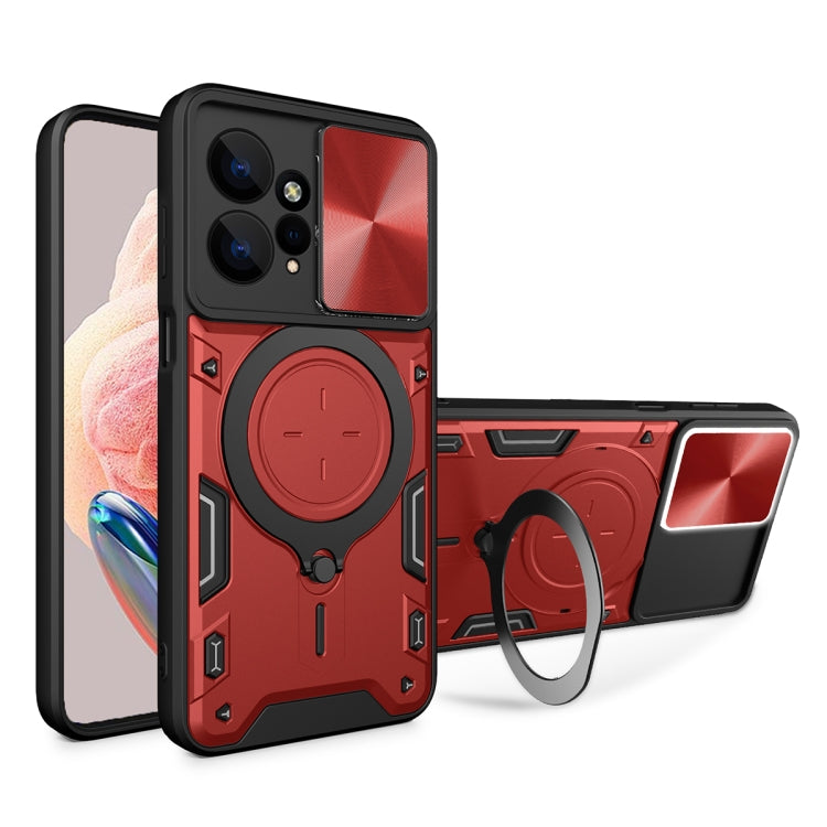 For Xiaomi Redmi Note 12 4G CD Texture Sliding Camshield Magnetic Holder Phone Case(Red) - free shipping - PMC TechLife - Order now!