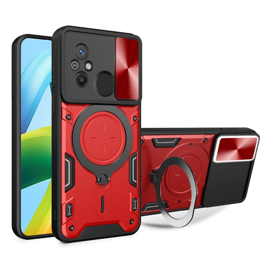 For Xiaomi Redmi 12C CD Texture Sliding Camshield Magnetic Holder Phone Case(Red) - Xiaomi Cases by PMC Jewellery | Online Shopping South Africa | PMC Jewellery