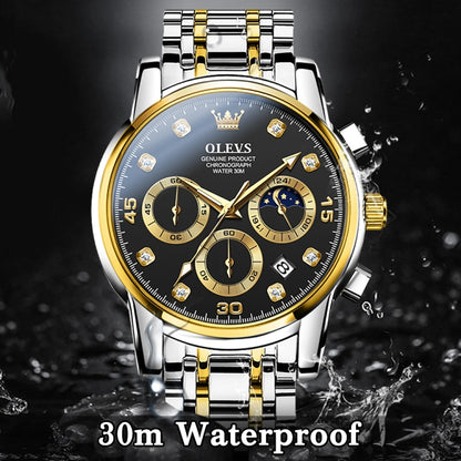 OLEVS 2889 Men Multifunctional Luminous Waterproof Quartz Watch(Black + Gold) - Metal Strap Watches by OLEVS | Online Shopping South Africa | PMC Jewellery | Buy Now Pay Later Mobicred