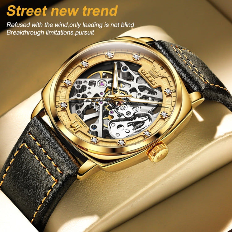 OLEVS 6651 Men Luminous Waterproof Hollow Mechanical Watch(Gold) - Leather Strap Watches by OLEVS | Online Shopping South Africa | PMC Jewellery | Buy Now Pay Later Mobicred