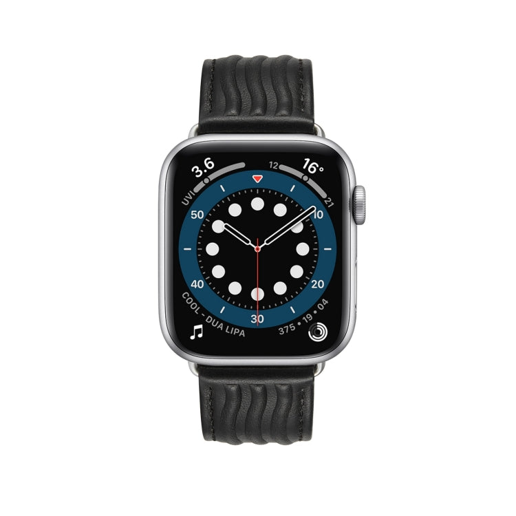 Embossed Line Genuine Leather Watch Band For Apple Watch SE 2022 44mm(Black) - Watch Bands by PMC TechLife | Online Shopping South Africa | PMC TechLife