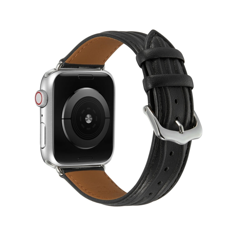 Embossed Line Genuine Leather Watch Band For Apple Watch SE 2022 44mm(Black) - Watch Bands by PMC TechLife | Online Shopping South Africa | PMC TechLife
