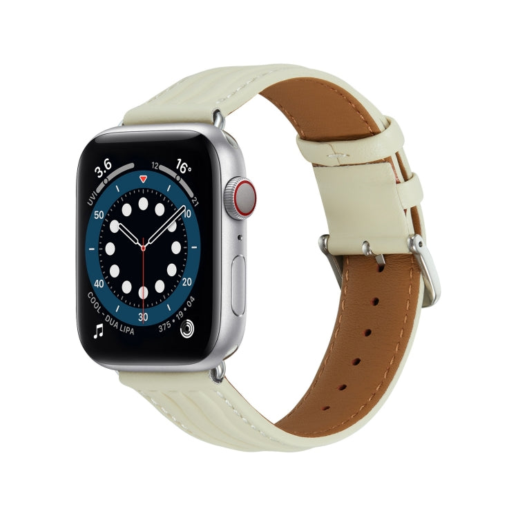 Embossed Line Genuine Leather Watch Band For Apple Watch 7 41mm(Milky White) - Watch Bands by PMC TechLife | Online Shopping South Africa | PMC TechLife