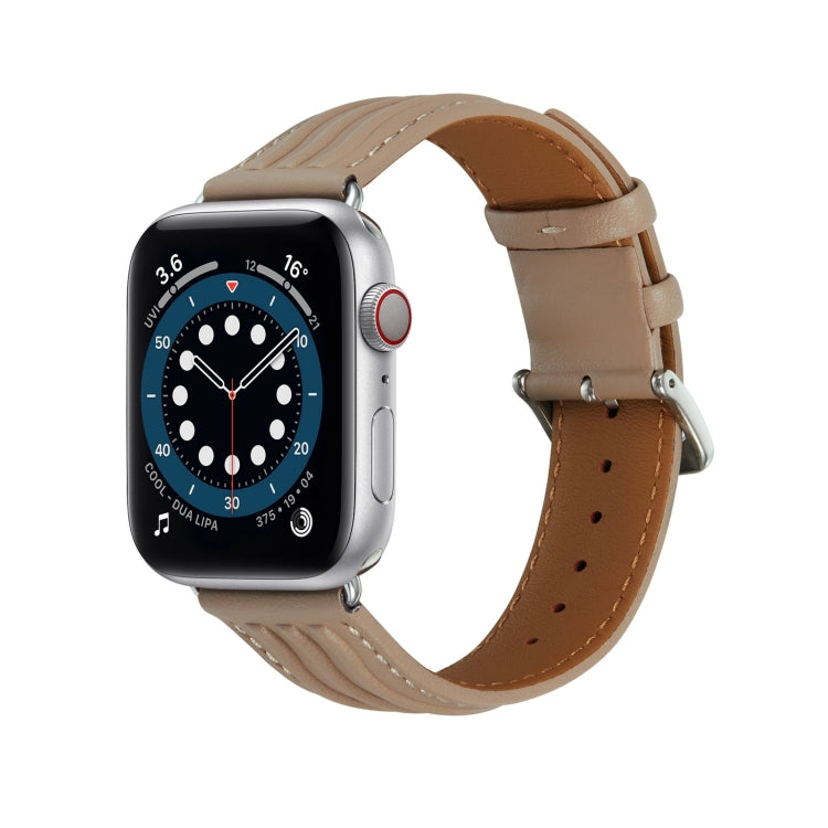 Embossed Line Genuine Leather Watch Band For Apple Watch 7 41mm(Milky Brown) - Watch Bands by PMC Jewellery | Online Shopping South Africa | PMC Jewellery