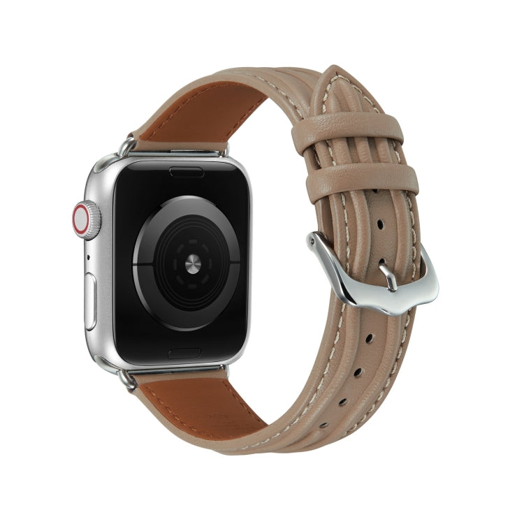 Embossed Line Genuine Leather Watch Band For Apple Watch 7 41mm(Milky Brown) - Watch Bands by PMC TechLife | Online Shopping South Africa | PMC TechLife