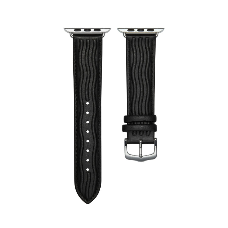 Embossed Line Genuine Leather Watch Band For Apple Watch 7 45mm(Black) - Watch Bands by PMC TechLife | Online Shopping South Africa | PMC TechLife