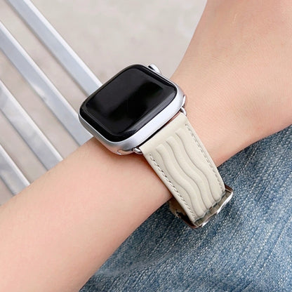 Embossed Line Genuine Leather Watch Band For Apple Watch 6 40mm(Milky White) - Watch Bands by PMC Jewellery | Online Shopping South Africa | PMC Jewellery