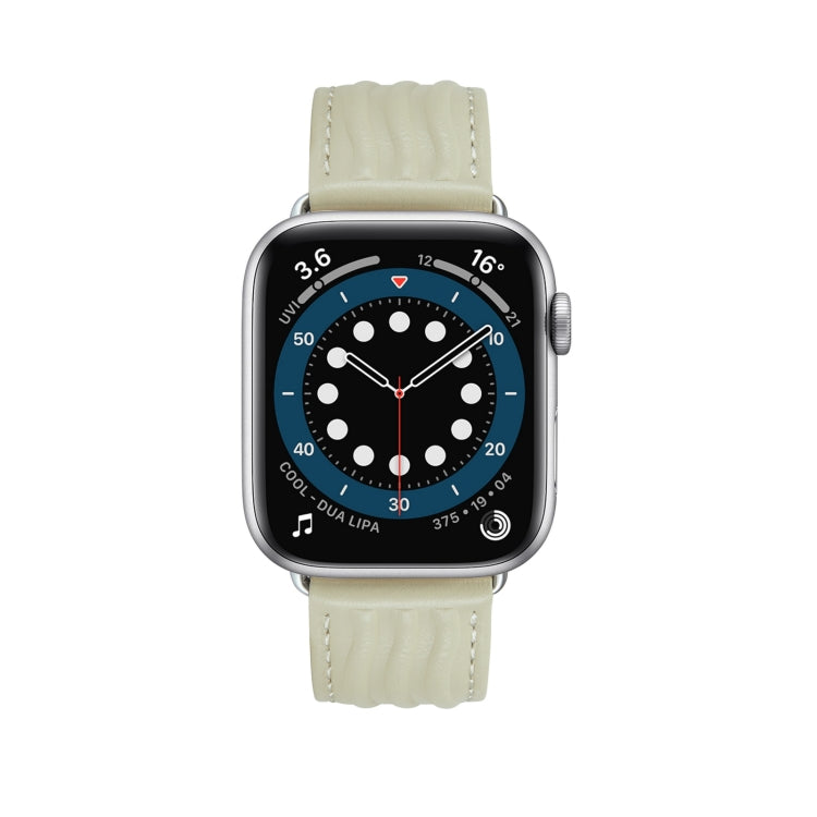 Embossed Line Genuine Leather Watch Band For Apple Watch 6 44mm(Milky White) - Watch Bands by PMC TechLife | Online Shopping South Africa | PMC TechLife