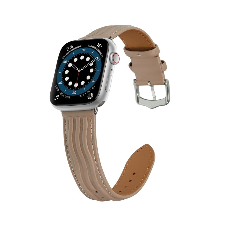 Embossed Line Genuine Leather Watch Band For Apple Watch 4 40mm(Milky Brown) - Watch Bands by PMC TechLife | Online Shopping South Africa | PMC TechLife