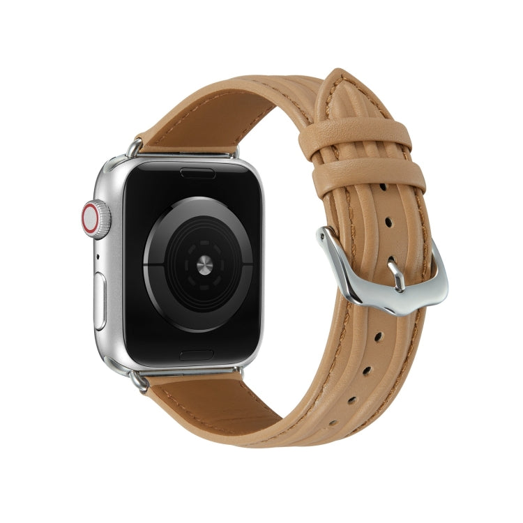 Embossed Line Genuine Leather Watch Band For Apple Watch 3 38mm(Khaki) - Watch Bands by PMC TechLife | Online Shopping South Africa | PMC TechLife