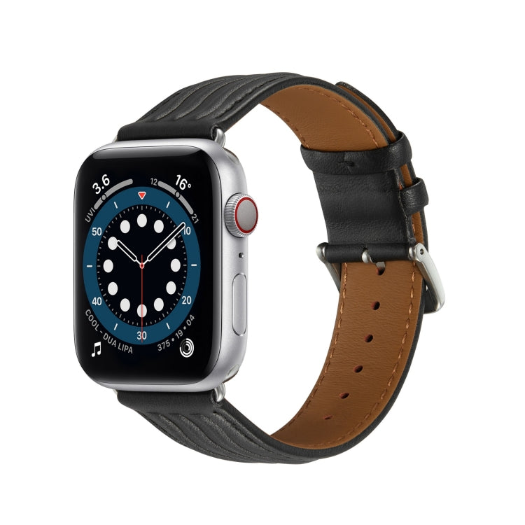Embossed Line Genuine Leather Watch Band For Apple Watch 42mm(Black) - Watch Bands by PMC TechLife | Online Shopping South Africa | PMC TechLife