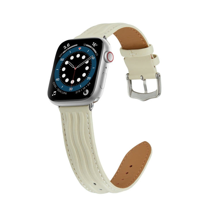 Embossed Line Genuine Leather Watch Band For Apple Watch 38mm(Milky White) - Watch Bands by PMC Jewellery | Online Shopping South Africa | PMC Jewellery