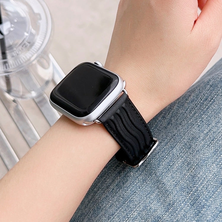 Embossed Line Genuine Leather Watch Band For Apple Watch 9 45mm(Black) - Watch Bands by PMC TechLife | Online Shopping South Africa | PMC TechLife