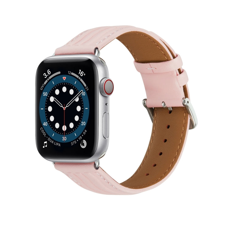 Embossed Line Genuine Leather Watch Band For Apple Watch 9 45mm(Pink) - Watch Bands by PMC TechLife | Online Shopping South Africa | PMC TechLife