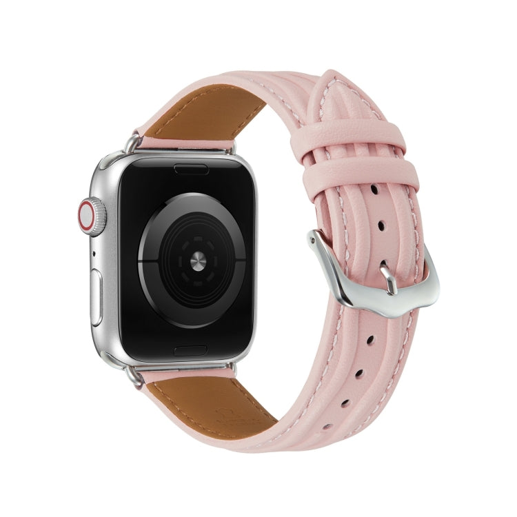 Embossed Line Genuine Leather Watch Band For Apple Watch 9 45mm(Pink) - Watch Bands by PMC TechLife | Online Shopping South Africa | PMC TechLife