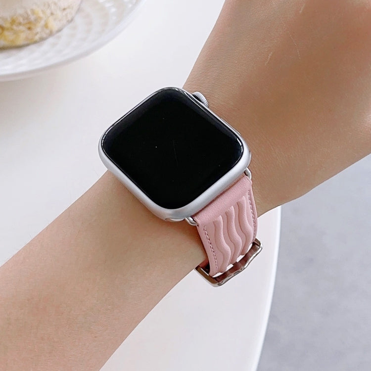 Embossed Line Genuine Leather Watch Band For Apple Watch 9 45mm(Pink) - Watch Bands by PMC TechLife | Online Shopping South Africa | PMC TechLife