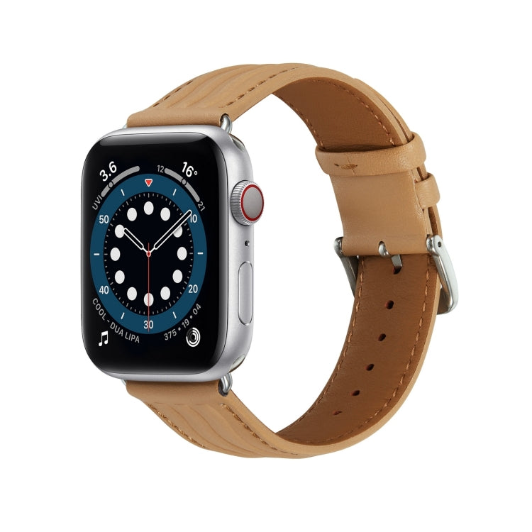Embossed Line Genuine Leather Watch Band For Apple Watch 9 45mm(Khaki) - Watch Bands by PMC TechLife | Online Shopping South Africa | PMC TechLife