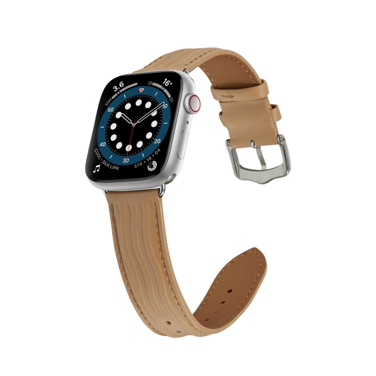 Embossed Line Genuine Leather Watch Band For Apple Watch 9 45mm(Khaki) - Watch Bands by PMC TechLife | Online Shopping South Africa | PMC TechLife