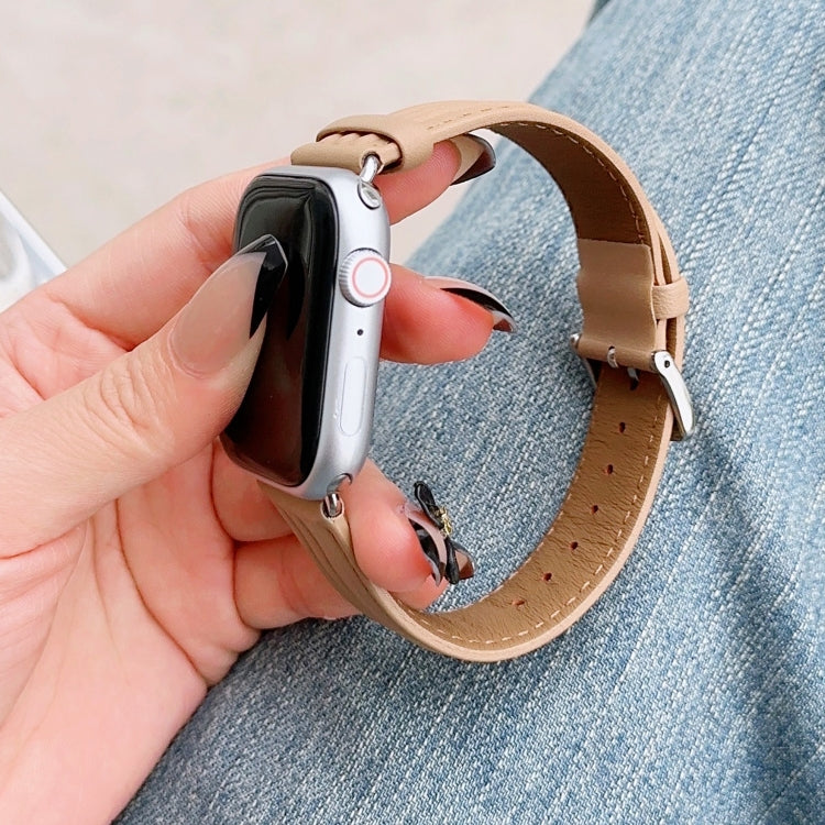 Embossed Line Genuine Leather Watch Band For Apple Watch 9 45mm(Khaki) - Watch Bands by PMC TechLife | Online Shopping South Africa | PMC TechLife