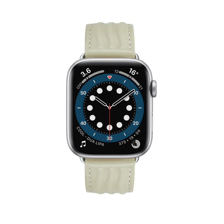 Embossed Line Genuine Leather Watch Band For Apple Watch 9 45mm(Milky White) - Watch Bands by PMC TechLife | Online Shopping South Africa | PMC TechLife