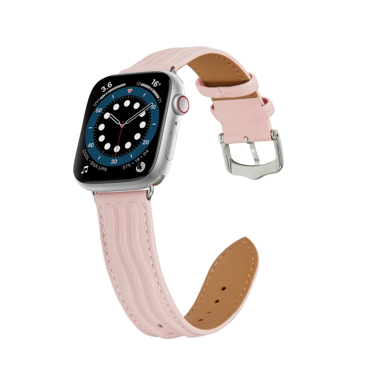 Embossed Line Genuine Leather Watch Band For Apple Watch 9 41mm(Pink) - Watch Bands by PMC TechLife | Online Shopping South Africa | PMC TechLife