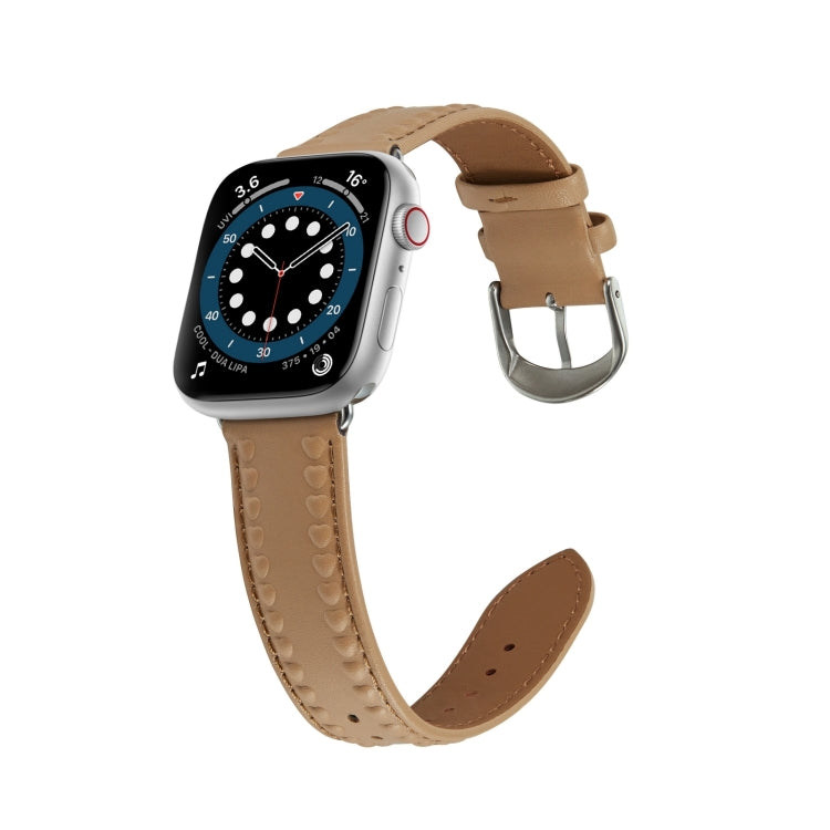 Embossed Love Genuine Leather Watch Band For Apple Watch 9 45mm(Khaki) - Watch Bands by PMC TechLife | Online Shopping South Africa | PMC TechLife