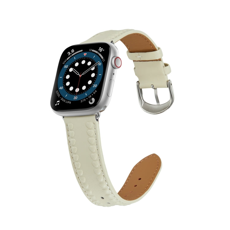 Embossed Love Genuine Leather Watch Band For Apple Watch 9 45mm(Milky White) - Watch Bands by PMC TechLife | Online Shopping South Africa | PMC TechLife