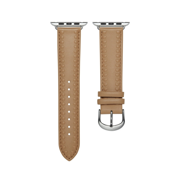 Embossed Love Genuine Leather Watch Band For Apple Watch 9 41mm(Khaki) - Watch Bands by PMC TechLife | Online Shopping South Africa | PMC TechLife