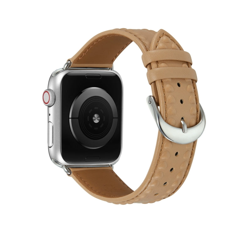 Embossed Love Genuine Leather Watch Band For Apple Watch 9 41mm(Khaki) - Watch Bands by PMC TechLife | Online Shopping South Africa | PMC TechLife