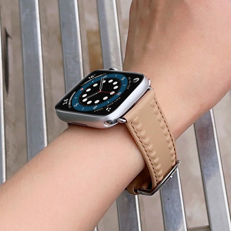 Embossed Love Genuine Leather Watch Band For Apple Watch 9 41mm(Khaki) - Watch Bands by PMC TechLife | Online Shopping South Africa | PMC TechLife
