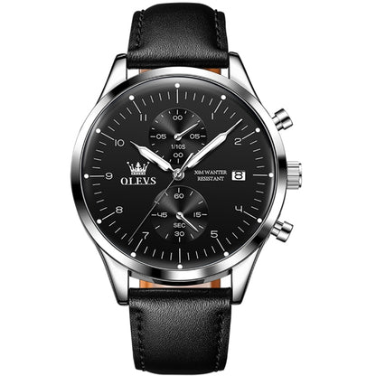 OLEVS 2880 Men Multifunctional Business Waterproof Leather Strap Quartz Watch(Black + Silver) - Leather Strap Watches by OLEVS | Online Shopping South Africa | PMC Jewellery