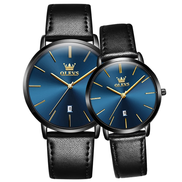 OLEVS 5869 1 Pair Couple Waterproof Genuine Leather Strap Quartz Watch(Blue + Black) - Couple Watches by PMC Jewellery | Online Shopping South Africa | PMC Jewellery