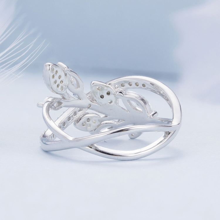 BSR453-8 S925 Sterling Silver White Gold Plated Zircon Luxury Leaf Ring - Rings by PMC Jewellery | Online Shopping South Africa | PMC Jewellery