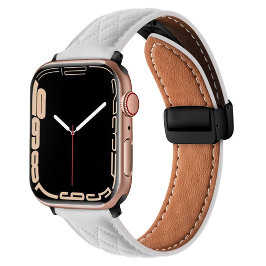 For Apple Watch SE 2022 44mm Folding Buckle Rhombus Leather Watch Band(White) - Watch Bands by PMC Jewellery | Online Shopping South Africa | PMC Jewellery