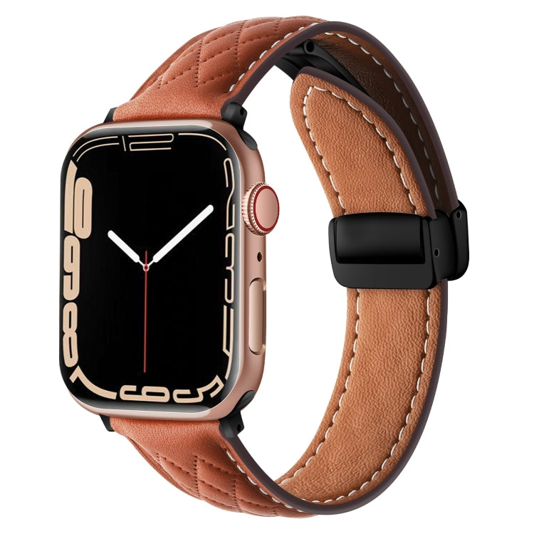 For Apple Watch SE 44mm Folding Buckle Rhombus Leather Watch Band(Brown) - Watch Bands by PMC TechLife | Online Shopping South Africa | PMC TechLife