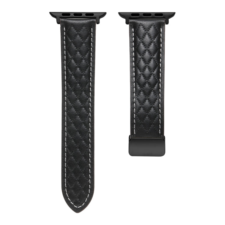 For Apple Watch 6 44mm Folding Buckle Rhombus Leather Watch Band(Black) - Watch Bands by PMC TechLife | Online Shopping South Africa | PMC TechLife