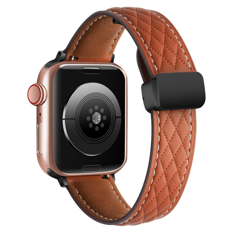For Apple Watch 5 44mm Folding Buckle Rhombus Leather Watch Band(Brown) - Watch Bands by PMC TechLife | Online Shopping South Africa | PMC TechLife