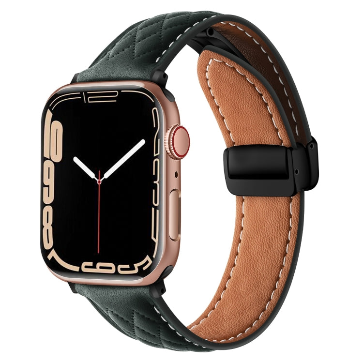 For Apple Watch 42mm Folding Buckle Rhombus Leather Watch Band(Green) - Watch Bands by PMC TechLife | Online Shopping South Africa | PMC TechLife
