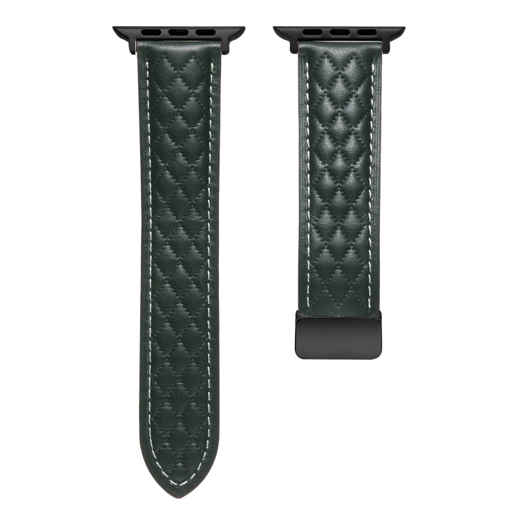 For Apple Watch 42mm Folding Buckle Rhombus Leather Watch Band(Green) - Watch Bands by PMC TechLife | Online Shopping South Africa | PMC TechLife